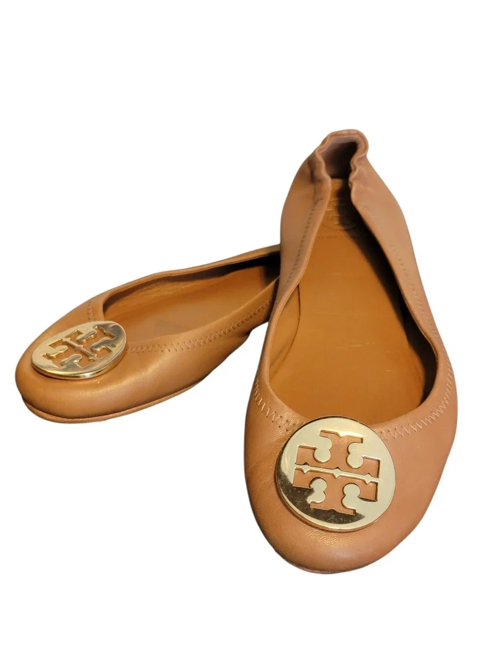 TORY BURCH Tan Leather Reva Ballet Flats Gold Logo 7.5
